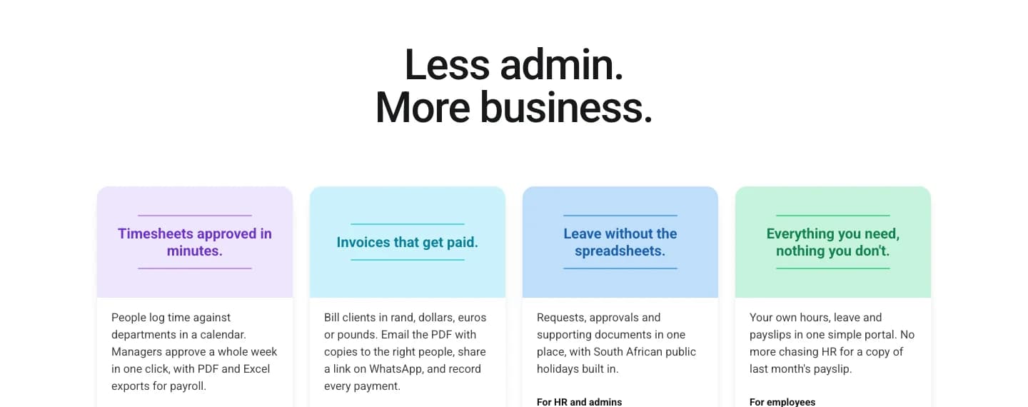 Benefits section: less admin, more business