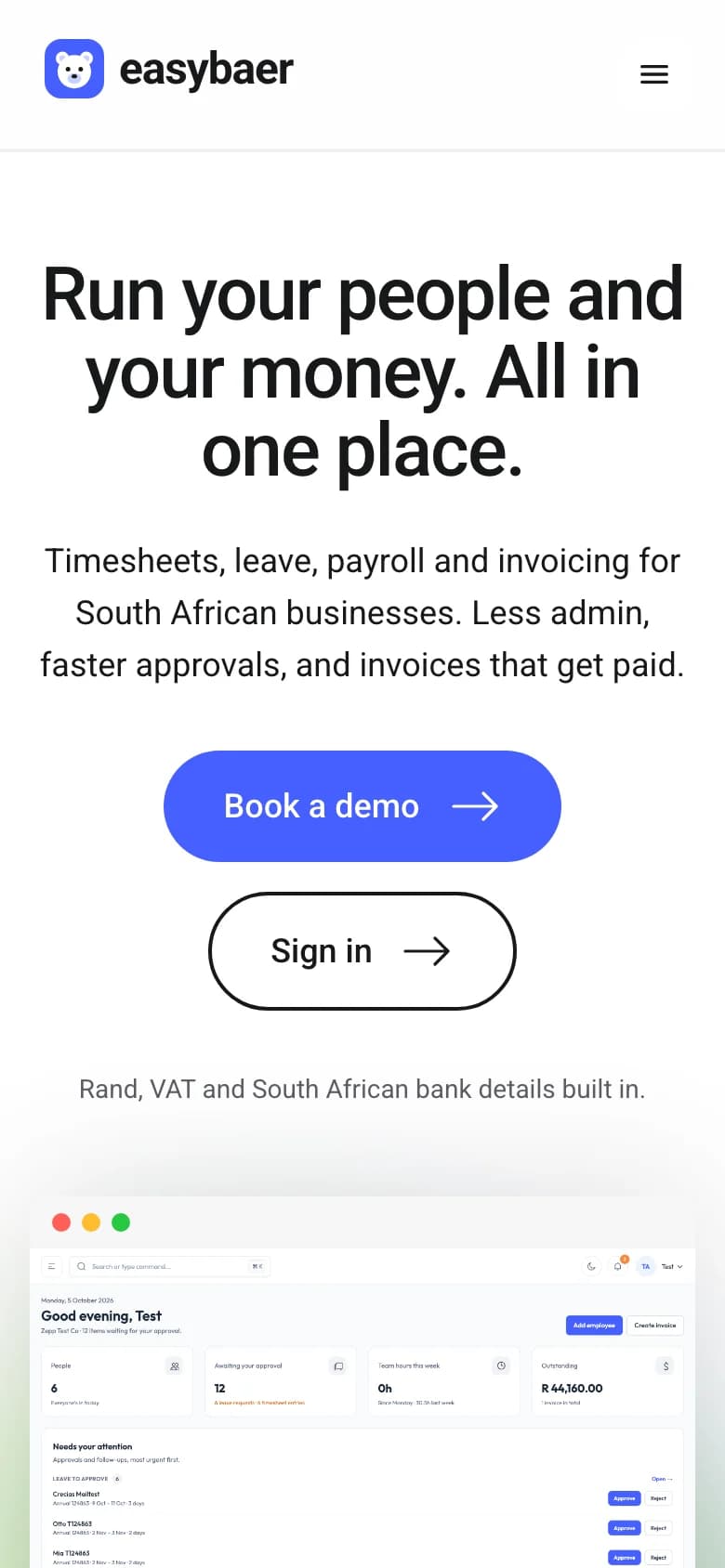Easybaer website on a phone