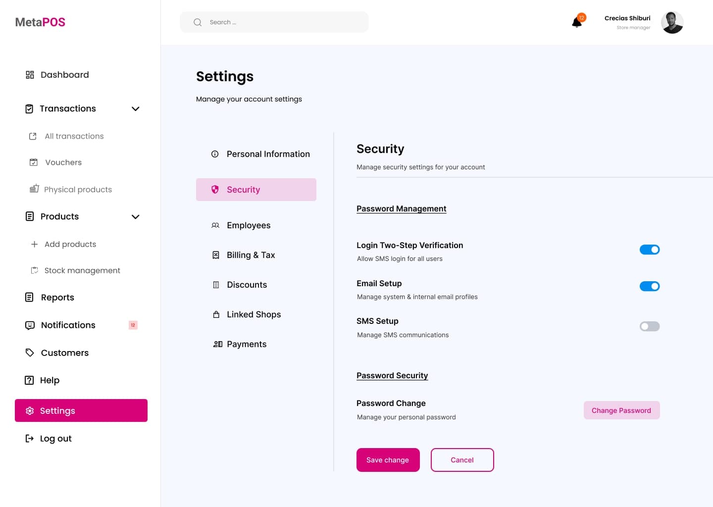 MetaPOS dashboard settings screen