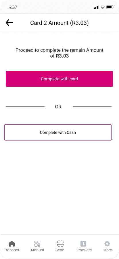 Completing the remaining amount by card or cash