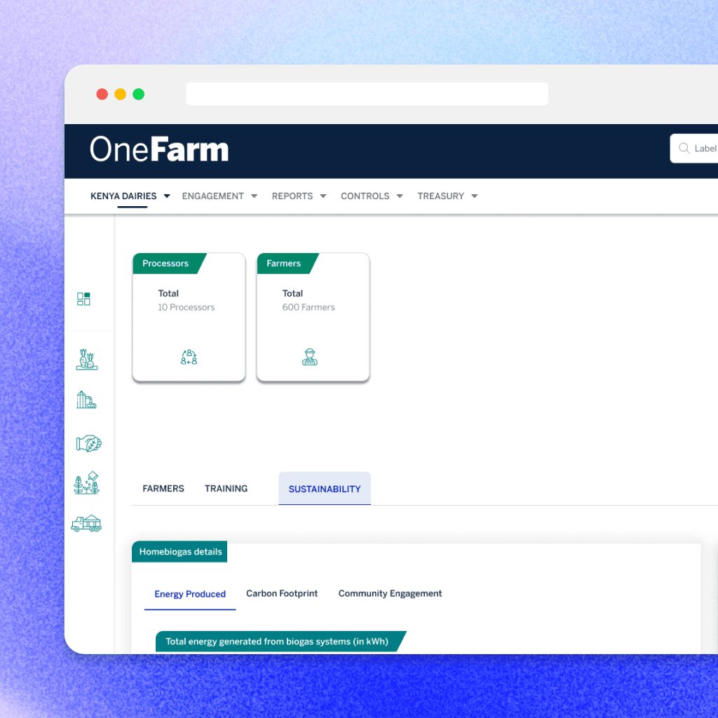 OneFarm Connect dashboard showing processors, farmers and sustainability data